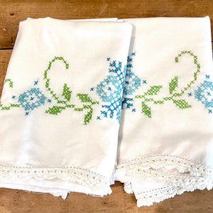 Pair Vintage pillowcases Hand Embroidered
